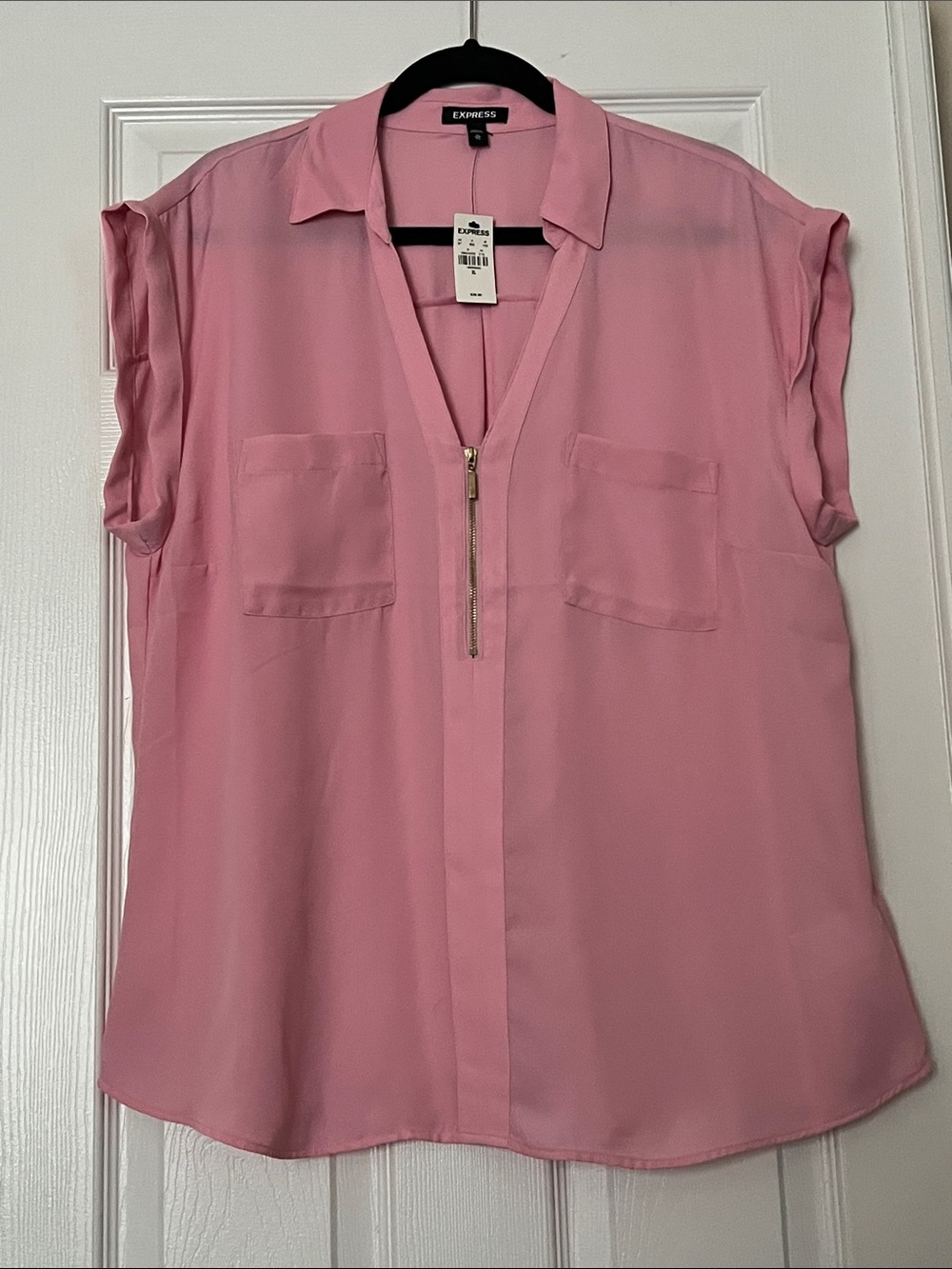 Express Pink Zip-Front Short Sleeve Blouse